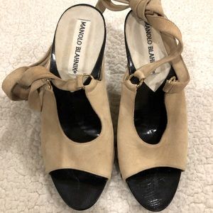 Manolo Blahnik Suede Wraparound Ankle Tie Heels
